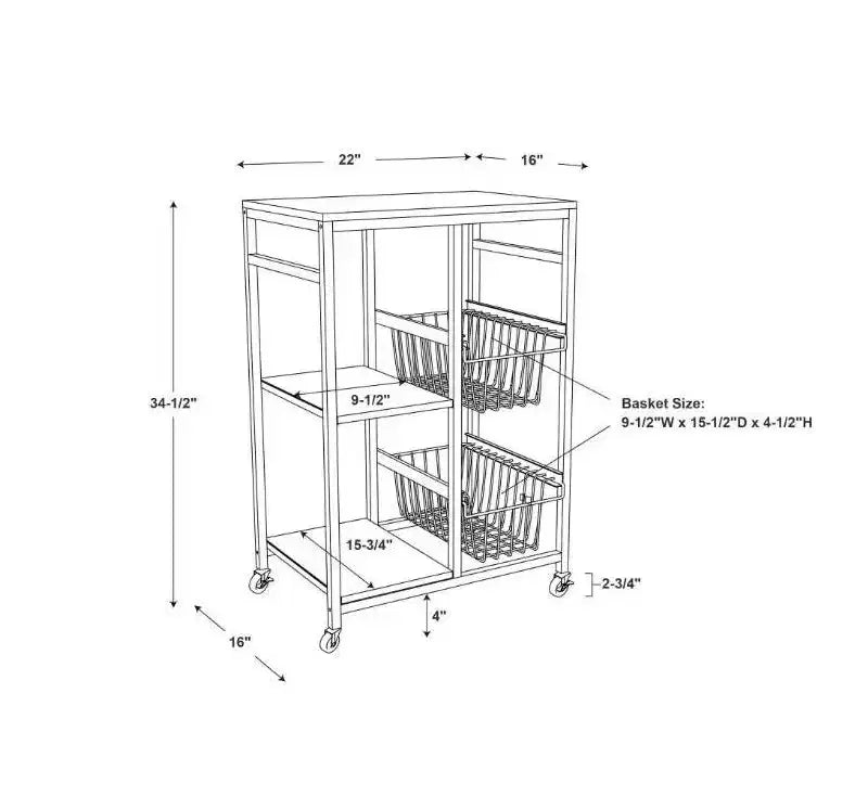 White Metal Mobile Small Kitchen Cart with MDF Top, 2 Baskets, Locking Casters