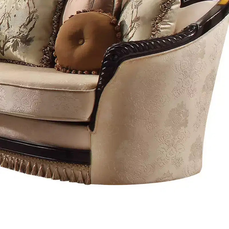 91" Ernestine Sofa, Tan Fabric/Black — Traditional Design, Wood Trim, Bun Leg, Pocket Coil
