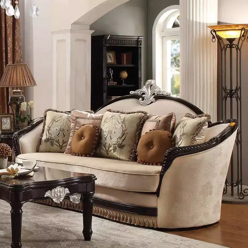 91" Ernestine Sofa, Tan Fabric/Black — Traditional Design, Wood Trim, Bun Leg, Pocket Coil