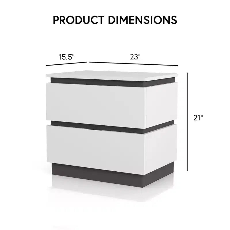 2 Drawer Nightstand with USB Ports, White/Metallic Gray