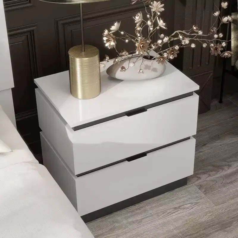 2 Drawer Nightstand with USB Ports, White/Metallic Gray