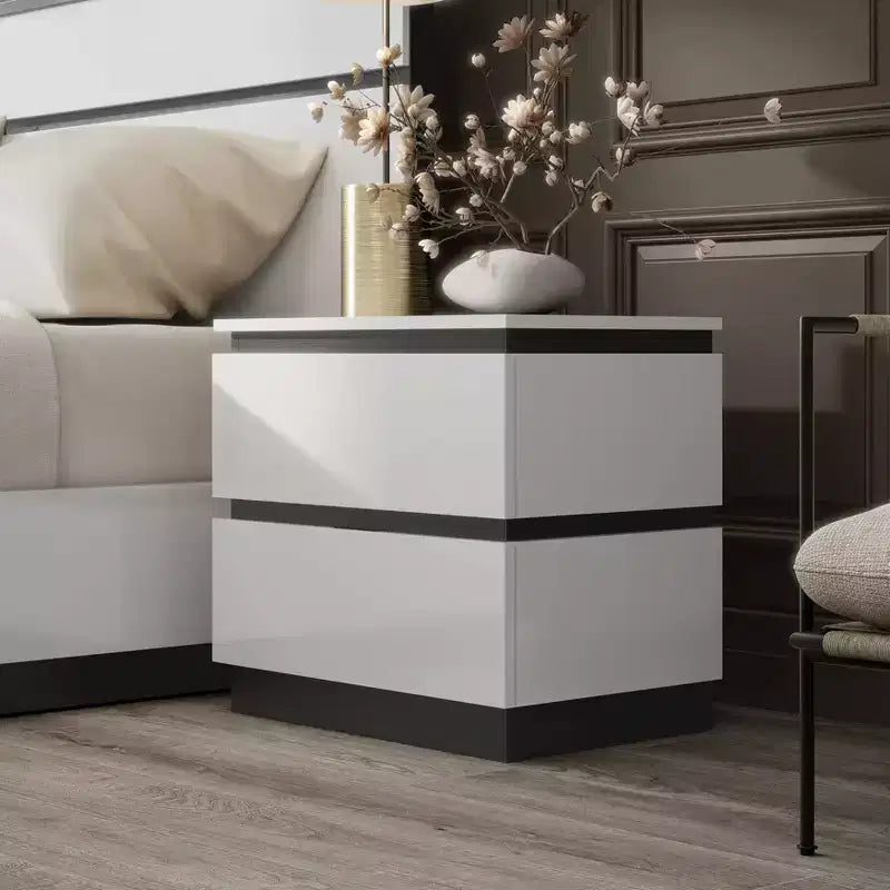 2 Drawer Nightstand with USB Ports, White/Metallic Gray