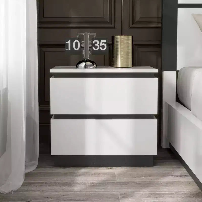 2 Drawer Nightstand with USB Ports, White/Metallic Gray