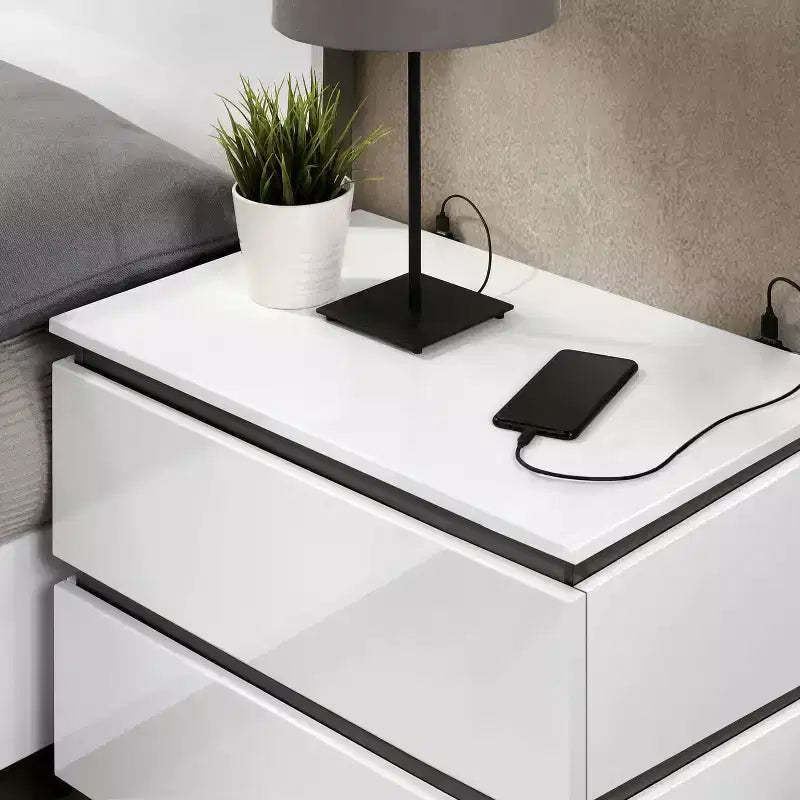 2 Drawer Nightstand with USB Ports, White/Metallic Gray