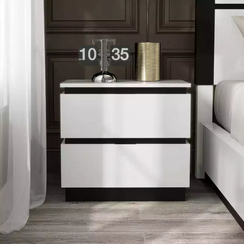 2 Drawer Nightstand with USB Ports, White/Metallic Gray