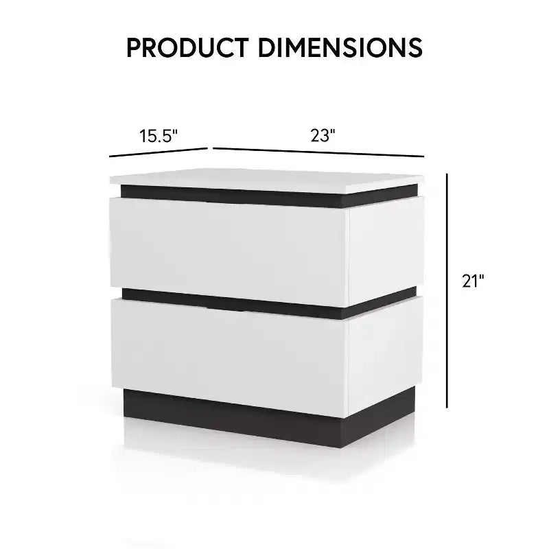 2 Drawer Nightstand with USB Ports, White/Metallic Gray