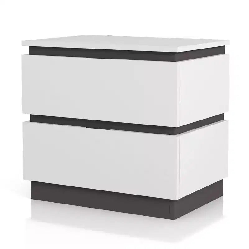 2 Drawer Nightstand with USB Ports, White/Metallic Gray
