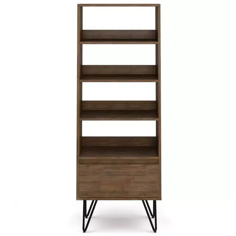 63.8" Tall Bookcase with Hairpin Legs & Drawer — Industrial Design, Acacia Wood