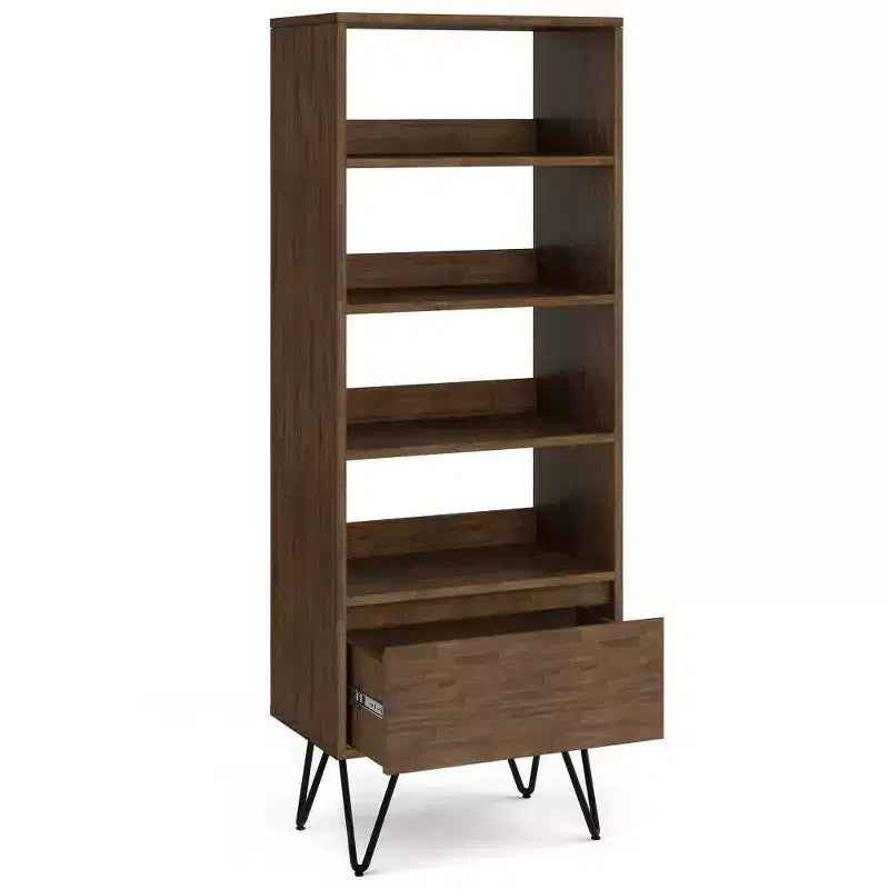 63.8" Tall Bookcase with Hairpin Legs & Drawer — Industrial Design, Acacia Wood