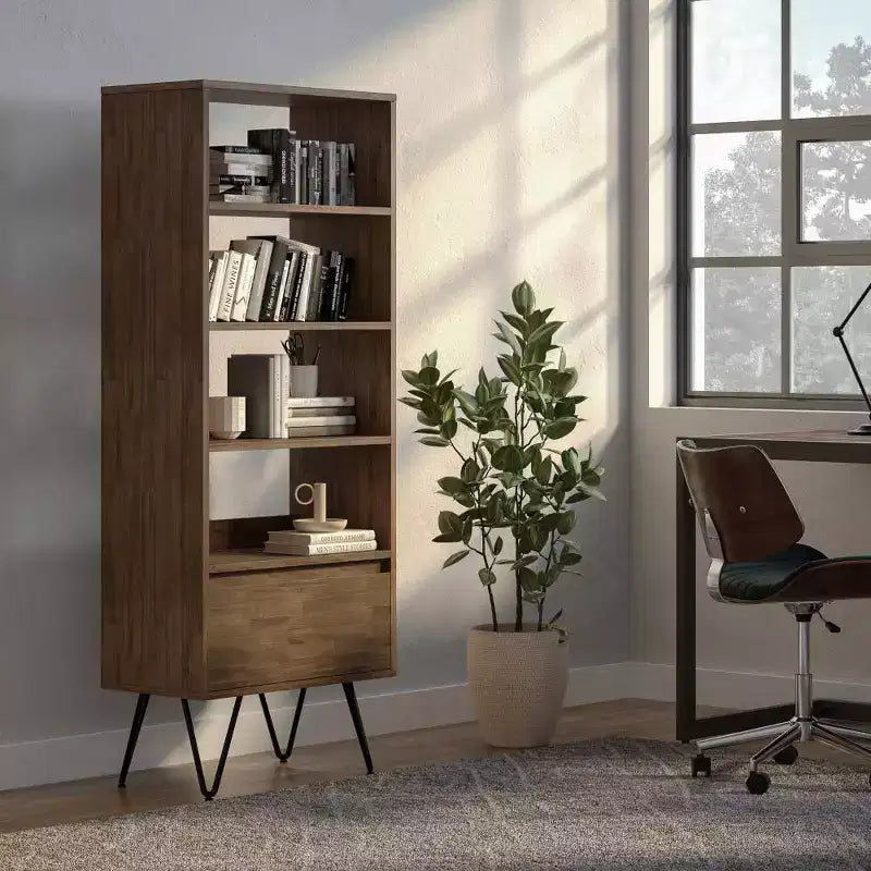 63.8" Tall Bookcase with Hairpin Legs & Drawer — Industrial Design, Acacia Wood