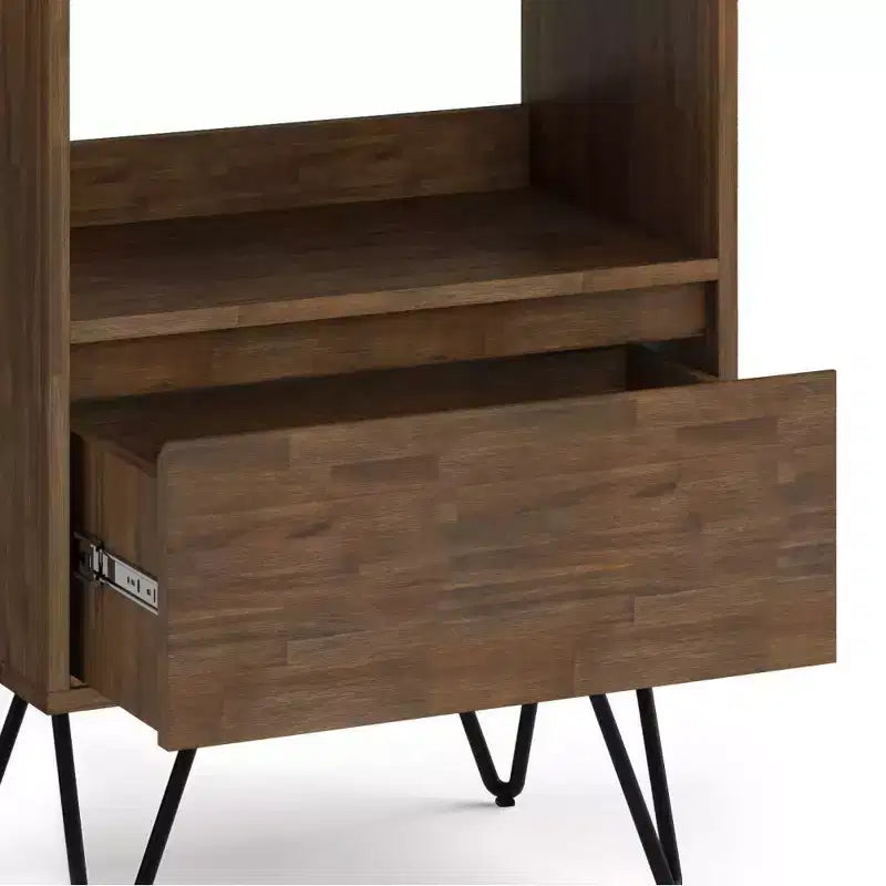 63.8" Tall Bookcase with Hairpin Legs & Drawer — Industrial Design, Acacia Wood