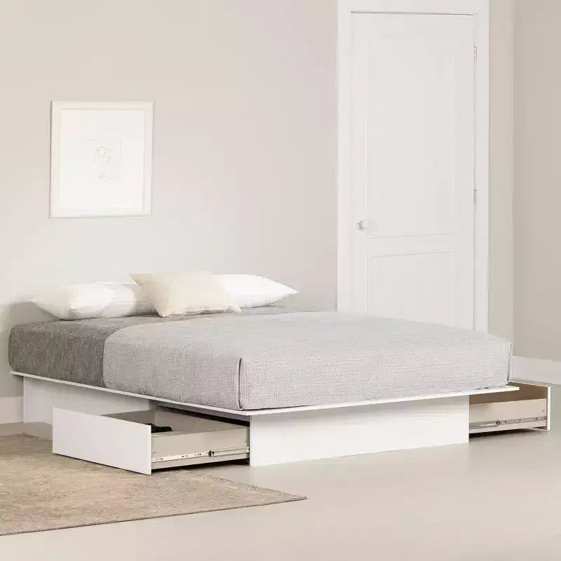 Lit plateforme 2 tiroirs, blanc pur — Cadre contemporain en bois massif et MDF, rangement sous le lit