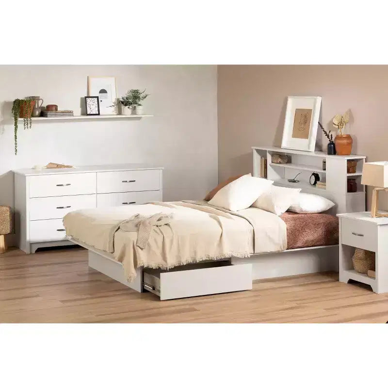 2 Drawer Platform Bed, Pure White — Contemporary Solid Wood & MDF Frame, Under Bed Storage