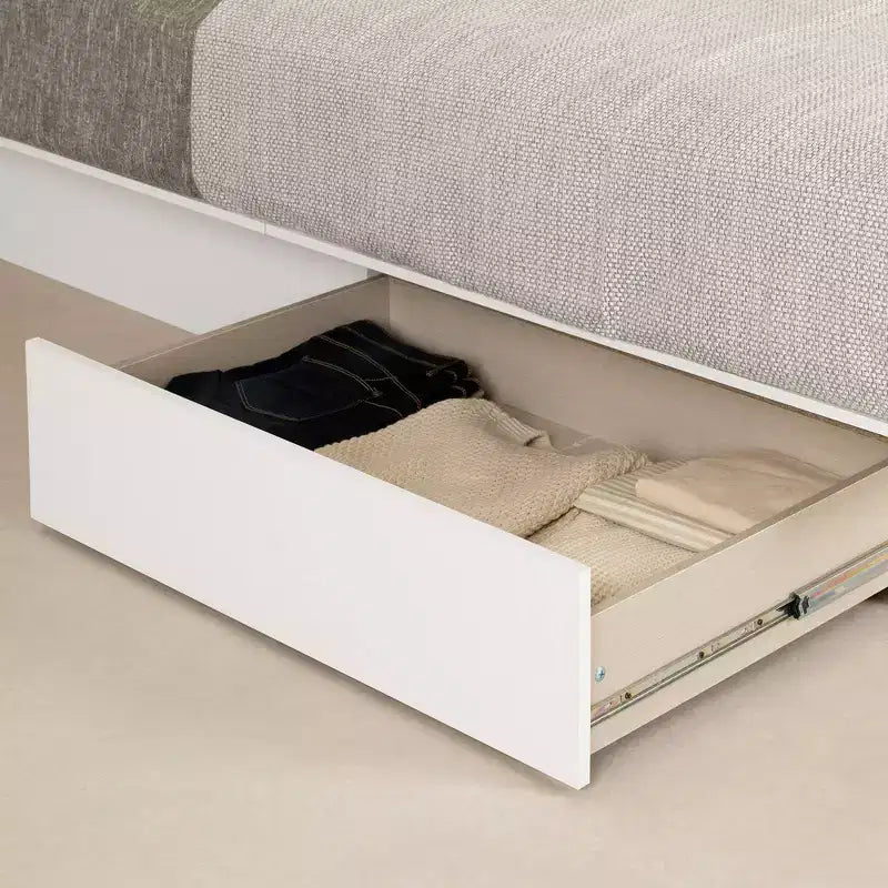 2 Drawer Platform Bed, Pure White — Contemporary Solid Wood & MDF Frame, Under Bed Storage