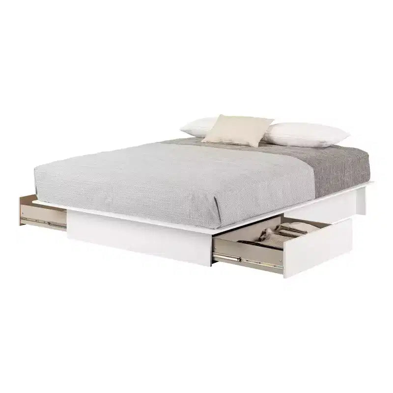 2 Drawer Platform Bed, Pure White — Contemporary Solid Wood & MDF Frame, Under Bed Storage