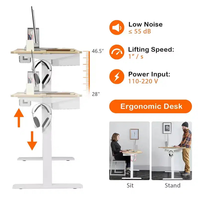 48" Electric Standing Desk, Height Adjustable with Control Panel & USB Port