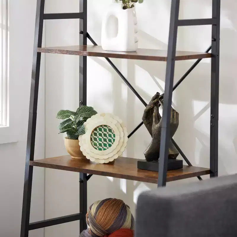 Rustic Modern 4-Tier Wood and Steel Bookshelf Storage Organizer Shelf
