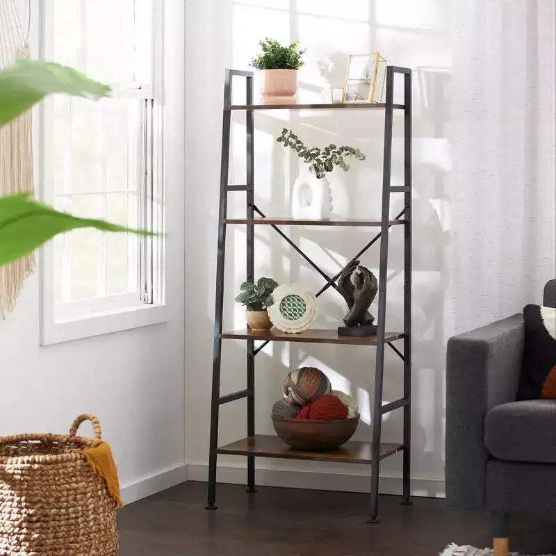 Rustic Modern 4-Tier Wood and Steel Bookshelf Storage Organizer Shelf