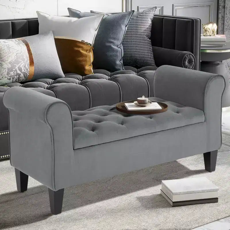 Button-Tufted Storage Ottoman Bench, Upholstered Bed Bench with Rolled Armrests for Bedroom, Living Room or Hallway