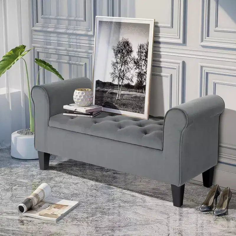 Button-Tufted Storage Ottoman Bench, Upholstered Bed Bench with Rolled Armrests for Bedroom, Living Room or Hallway