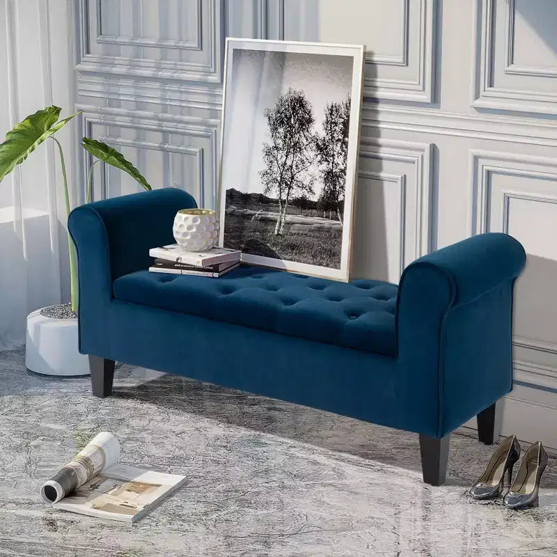 Button-Tufted Storage Ottoman Bench, Upholstered Bed Bench with Rolled Armrests for Bedroom, Living Room or Hallway