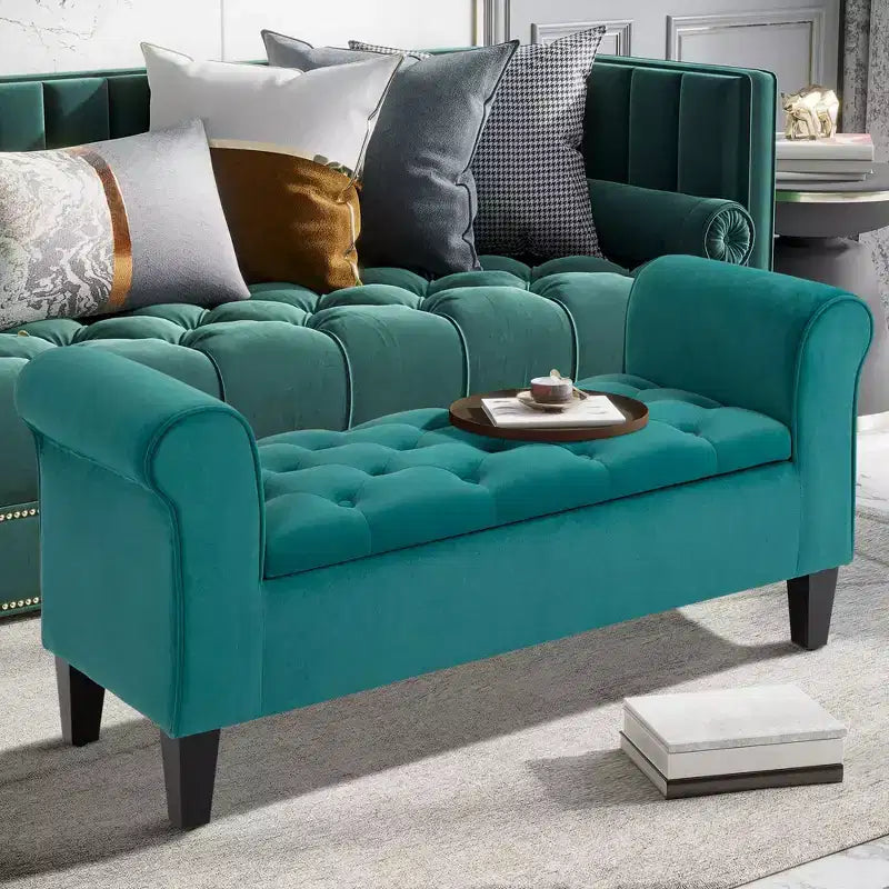 Button-Tufted Storage Ottoman Bench, Upholstered Bed Bench with Rolled Armrests for Bedroom, Living Room or Hallway