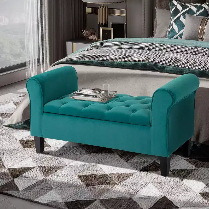 Button-Tufted Storage Ottoman Bench, Upholstered Bed Bench with Rolled Armrests for Bedroom, Living Room or Hallway