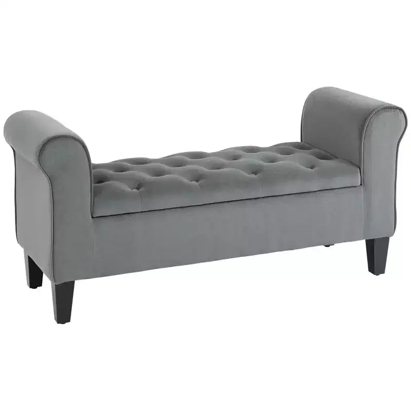 Button-Tufted Storage Ottoman Bench, Upholstered Bed Bench with Rolled Armrests for Bedroom, Living Room or Hallway
