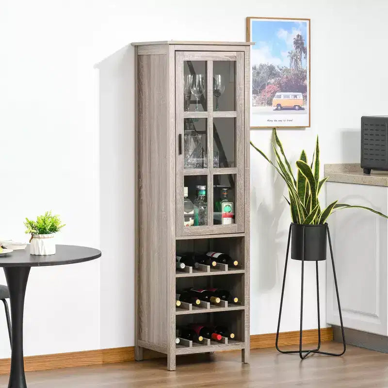 Tall Wine Cabinet, Bar Display Cupboard with 12-Bottle Wine Rack, Glass Door and 3 Storage Compartments for Living Room, Home Bar, Dining Room