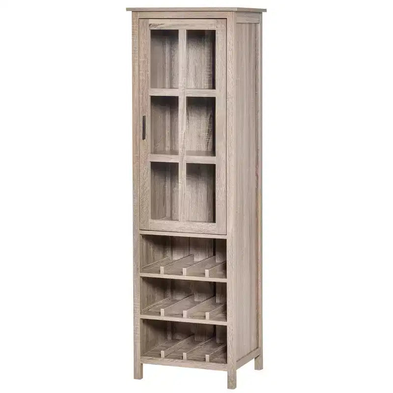 Tall Wine Cabinet, Bar Display Cupboard with 12-Bottle Wine Rack, Glass Door and 3 Storage Compartments for Living Room, Home Bar, Dining Room