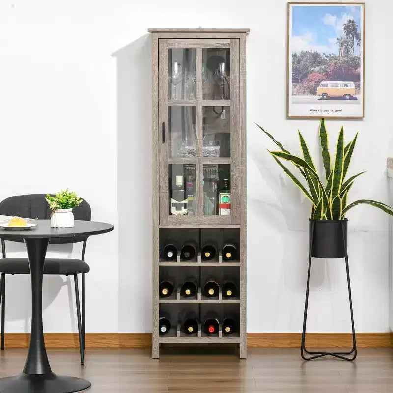 Tall Wine Cabinet, Bar Display Cupboard with 12-Bottle Wine Rack, Glass Door and 3 Storage Compartments for Living Room, Home Bar, Dining Room