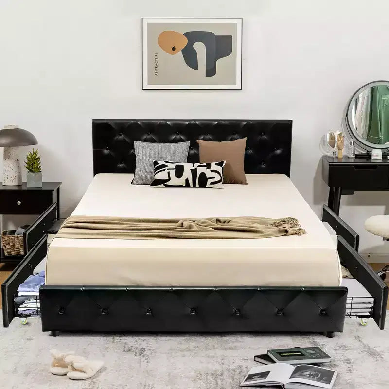 Costway Upholstered Platform Bed w/ 4 Drawers PU Leather Button Tufted Headboard