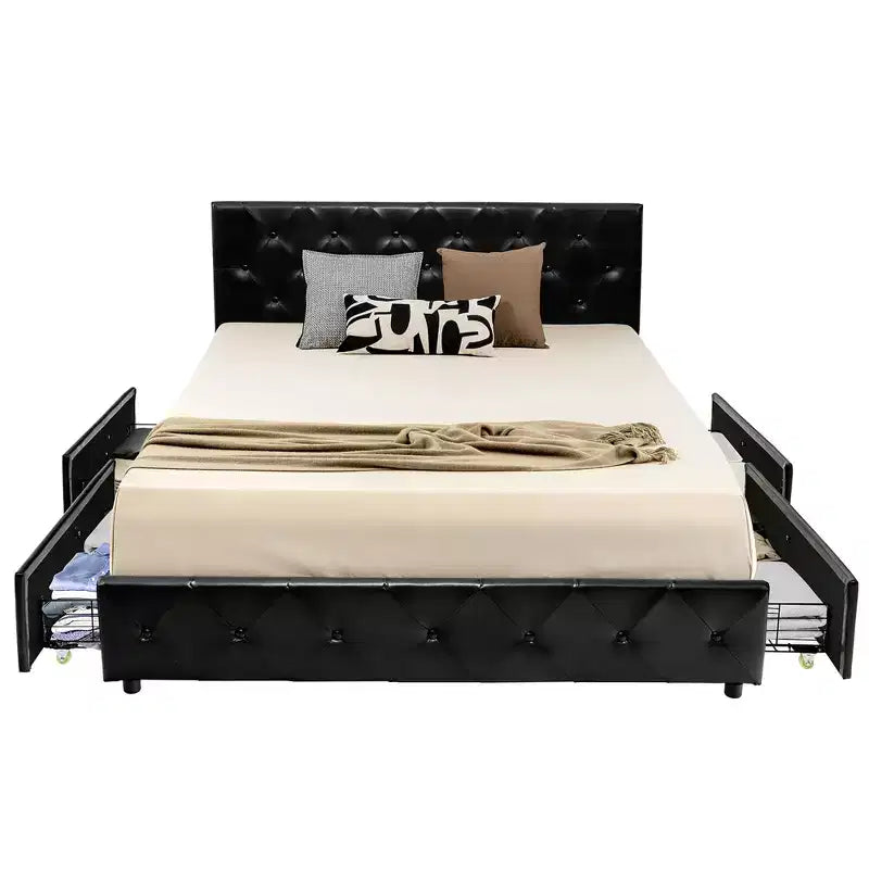 Upholstered Platform Bed with 4 Drawers, PU Leather Button Tufted Headboard
