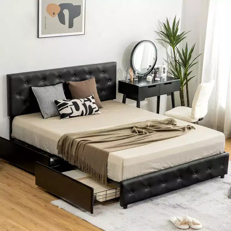 Upholstered Platform Bed with 4 Drawers, PU Leather Button Tufted Headboard