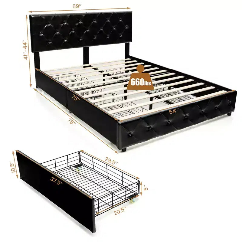 Upholstered Platform Bed with 4 Drawers, PU Leather Button Tufted Headboard