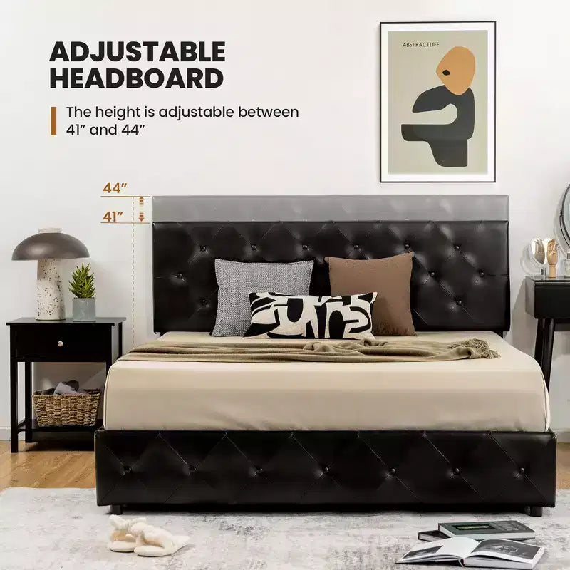 Upholstered Platform Bed with 4 Drawers, PU Leather Button Tufted Headboard