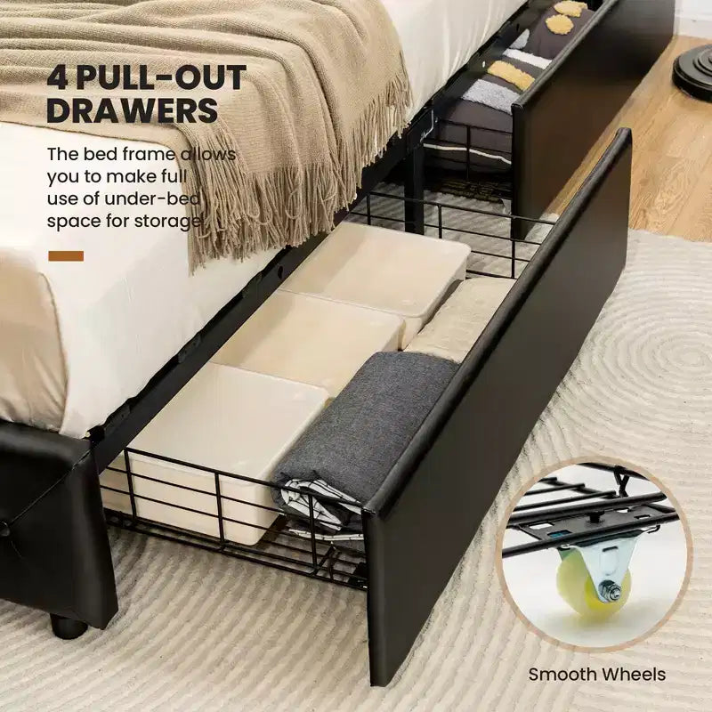 Upholstered Platform Bed with 4 Drawers, PU Leather Button Tufted Headboard
