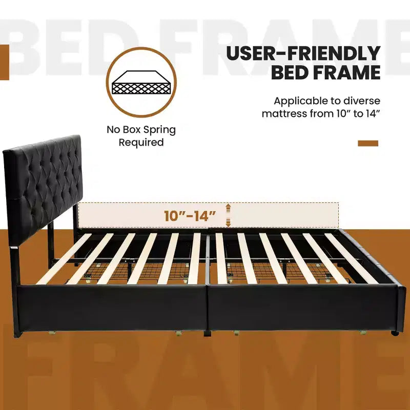 Upholstered Platform Bed with 4 Drawers, PU Leather Button Tufted Headboard