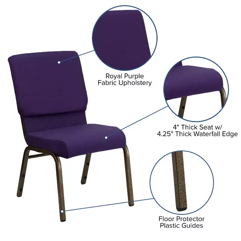 Stacking Auditorium Chair with 19" Seat, Royal Purple Fabric/Gold Vein Frame